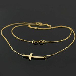 14K Solid Real Gold Sideways Curved Cross Necklace